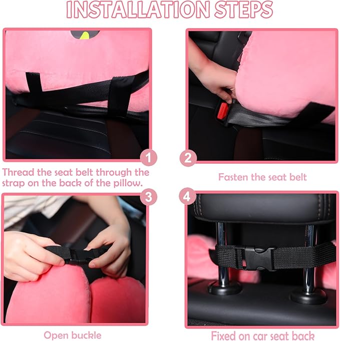 Kids Travel Pillow for Car Seat with Hand Muff, Cartoon Neck & Headrest Seat Belt Pillow for Car Road Trips Long-Distance Travel Sleeping Pillow for Adults and Children, Strawberry