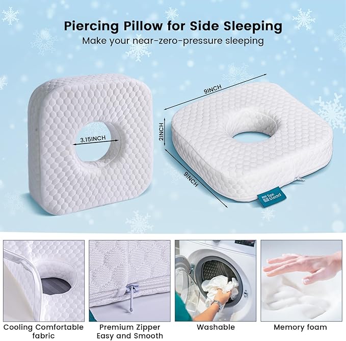 Ear Pillow with Ear Piercing for Side Sleeping, Ear Hole Memory Foam Cooling Pillows for CNH and Ear Pain Ear Inflammation Pressure Sores, Travel, White