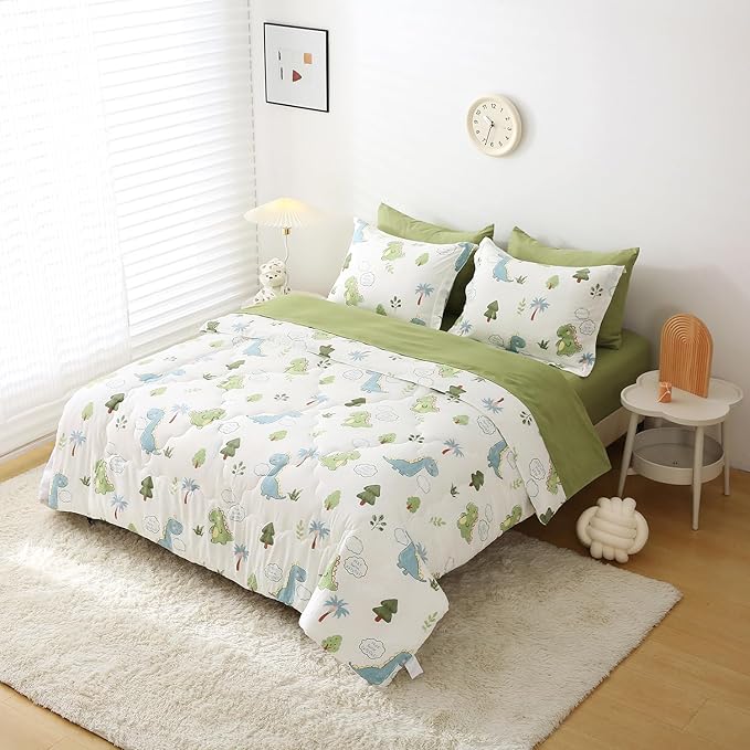 Wajade Kids Dinosaurs Comforter Set Bed in A Bag Twin Size 7 Piece Cute Green Dinosaur Jungle Bedding Set for Girls Boys (1 Comforter, 1 Flat Sheet, 1 Fitted Sheet, 2 Pillowcase and 2 Pillow Sham)