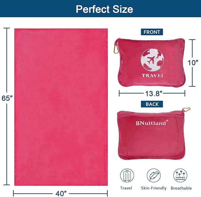 Bnuitland Travel Blanket and Pillow 2 in 1, Soft Flannel Airplane Blanket in Bag Compact-Long Flight Essential for Adults and Kids, Portable Luggage Sleeve and Backpack Clip, 65×40 inch Hot Pink