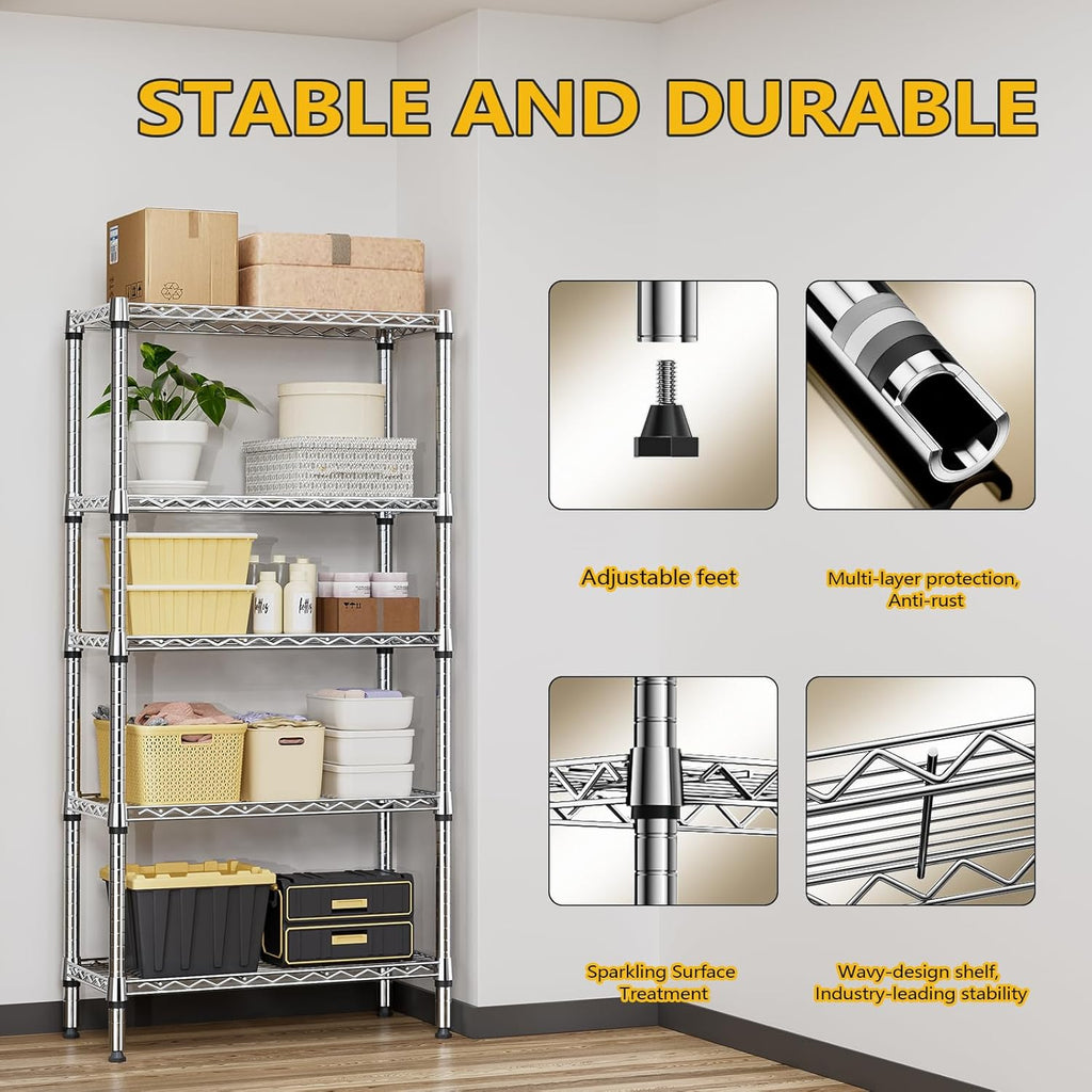 1250 lbs 5 Tier Shelf Metal Storage Shelves Shelving Wire Rack Heavy Duty Closet Organizers for Garage Kitchen Bathroom Laundry Chrome 13.8" D x 29.5" W x 59.5" H