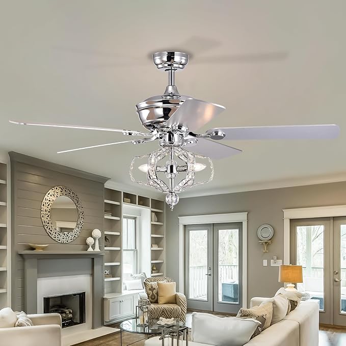 NicBex Ceiling Fan 52 Inch Crystal Ceiling Fan with Lights Ceiling Fans with 5 Blades and Remote Control Ceiling Fan with Lamp Shade for Bedroom, Living Room, Silver