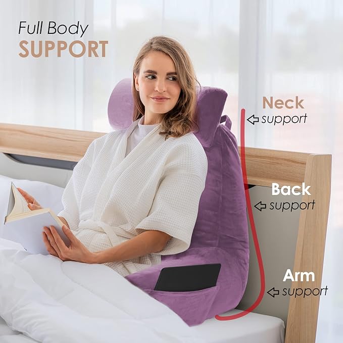 Nestl Reading Pillow Large Bed Pillow, Back Pillow for Sitting in Bed Shredded Memory Foam Chair Pillow Reading & Bed Rest Pillows Lavender Dream Back Pillow for Bed, Bed Chair Arm Pillow with Pockets