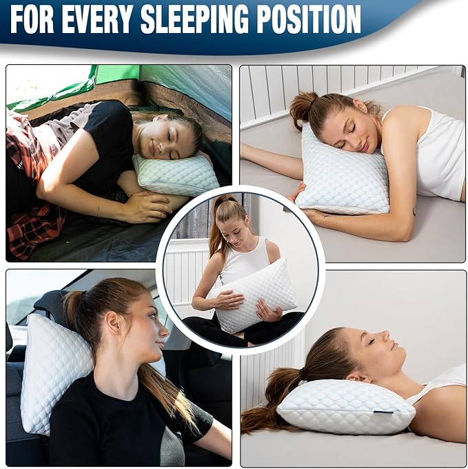 Cooling Shredded Memory Foam Pillow for Travel and Camping – Adjustable Gel for Personalized Support – Double-Sided Ice Silk & Soft Rayon – Lightweight, Compressible