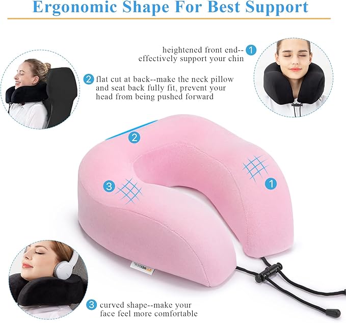 SAIREIDER Travel Neck Pillow 100% Memory Foam, Airplane Rest Prevents Head from Falling Forward, Plane Accessories with Storage Bag, Sleep Mask and Earplugs (Pink)
