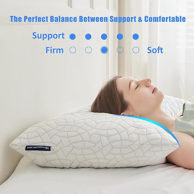 Cooling Pillows for Sleeping, Shredded Memory Foam Pillows 2 Pack, Bed Pillows Queen Size Set of 2, Adjustable Loft Soft or Firm Pillow for Side Back Stomach Sleepers with Cooling Cover
