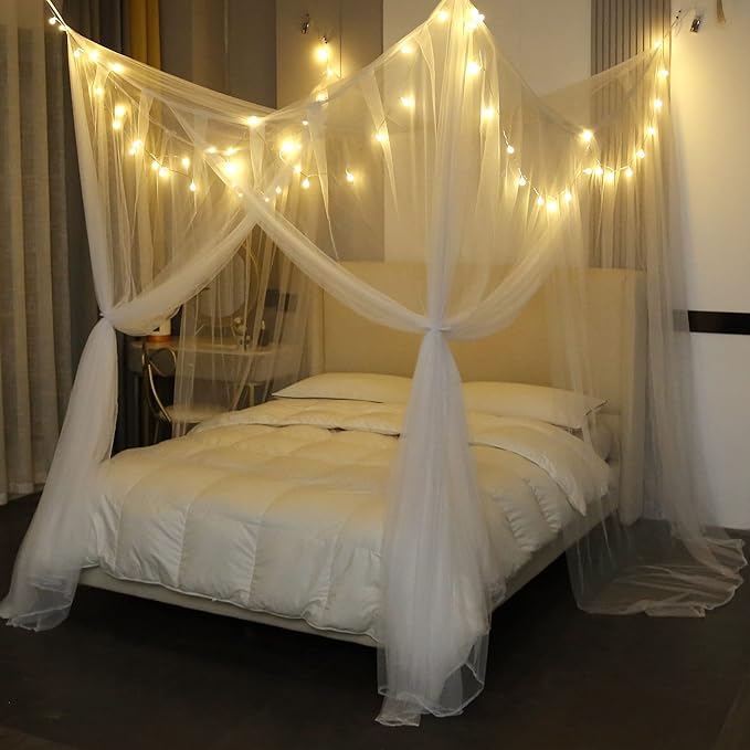Mengersi Bed Canopy with Lights for Full Queen King Size Bed,4 Corner Post Bed Drapes Canopy for Bed,Canopy Bed Curtains Elegant Bedroom Decoration Accessories(White+Lights)