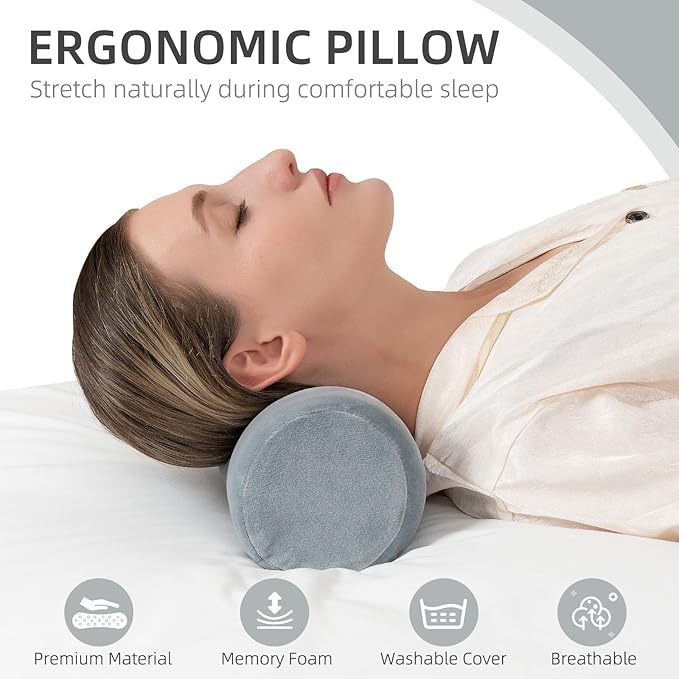 Cervical Neck Pillow Roll Memory Foam Support Round Pillows for Pain Relief Sleeping, Bed, Legs, Back and Yoga Grey 17 x 4.5 Inches