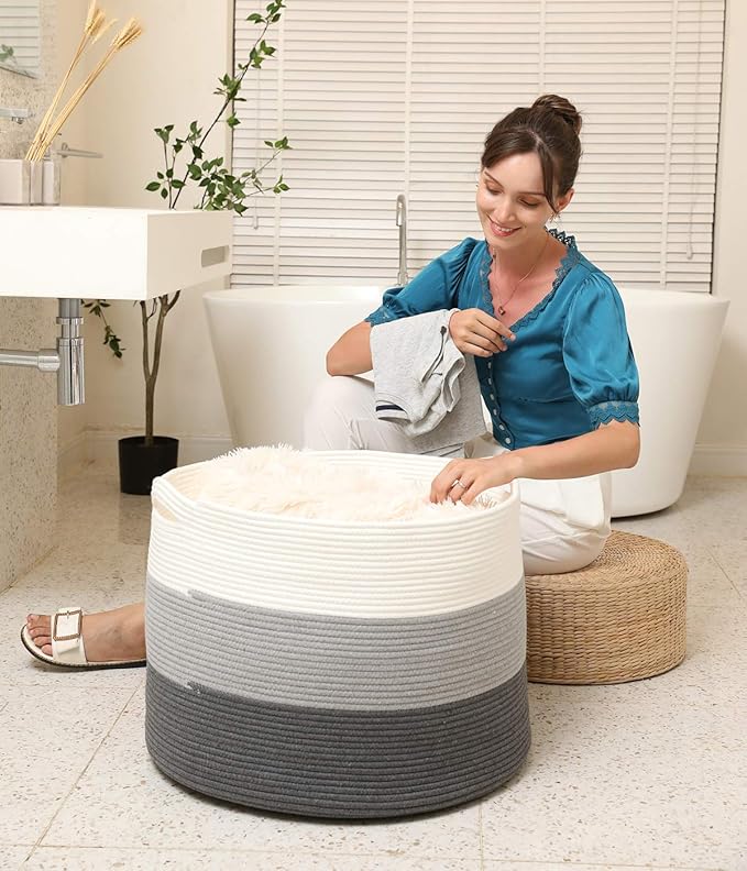 24" x 24" x 17" Max Size Large Cotton Rope Basket, Extra Large Storage Basket, Woven Laundry Hamper, Cloth Storage Bin, for Blankets Clothes Towels Pillows in Living Room, Grey/Dark Grey
