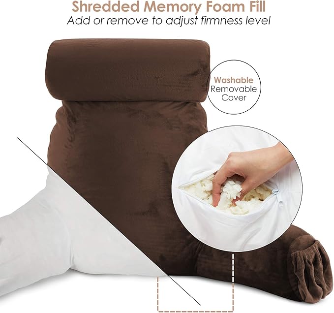 Nestl Reading Pillow Large Bed Pillow, Back Pillow for Sitting in Bed Memory Foam Chair Pillow, Reading & Bed Rest Pillows Chocolate Brown Back Pillow for Bed, Bed Chair Arm Pillow with Pockets