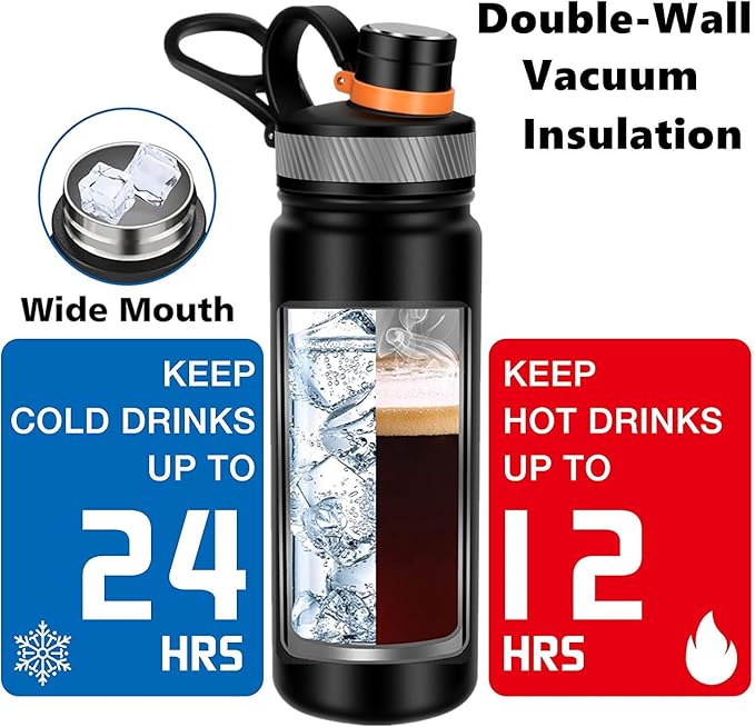 24 oz Double Wall Vacuum Insulated Stainless Steel Water Bottle with Spout Lid BPA Free (BLACK, 24 OZ)