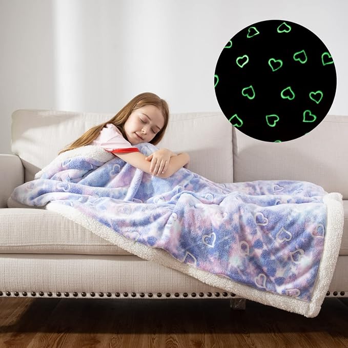 COSUSKET Glow in The Dark Blanket for Kids, Love Heart Luminous Birthday Super Soft Fuzzy Plush Sherpa Furry Fleece Multicolor Throw Blanket 50"x60" Boys Girls Gifts