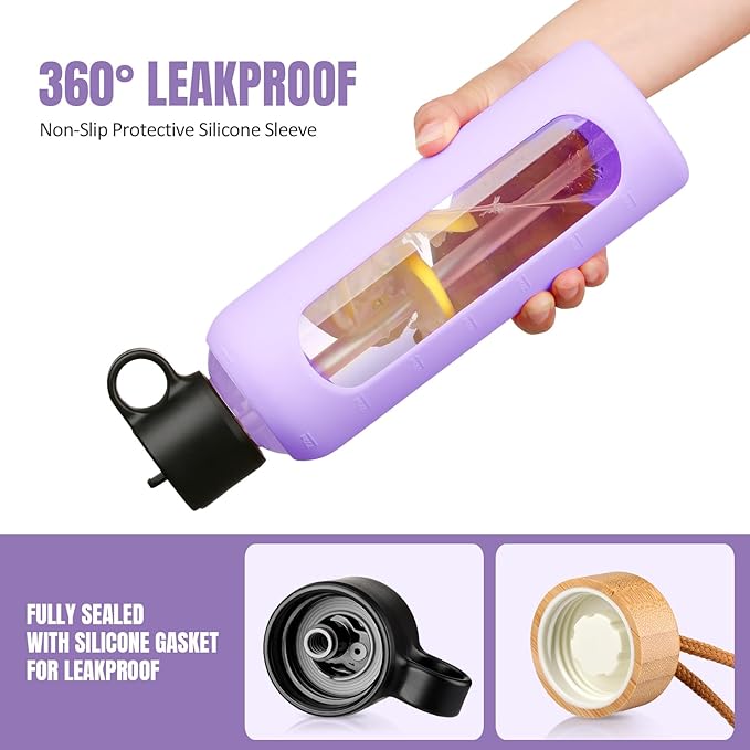 24oz Glass Water Bottle With 2 Lids-Flip Straw Lid, Bamboo Lid, Glass Water Bottle With Silicone Sleeve, Motivational Time Marker, Glass Juice Bottle for Cold Drink,Purple