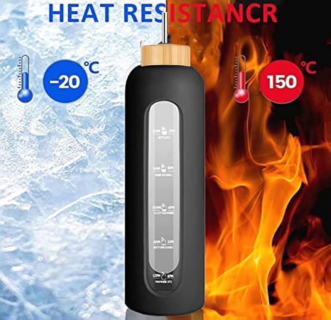 32 oz Glass Water Bottles with Straw - Motivational Glass Water Bottle with Time Marker & Silicone Sleeve(navy bule)