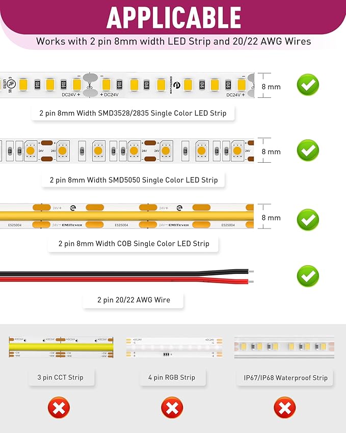 EMITEVER 8-in-1 LED Strip Connectors 12pcs, 2 Pin 8mm COB Tape Lights Terminal Connectors 8 Types Solderless Transparent Connection for 5V 12V 24V（Straight, Corner, Strip to Strip, Strip to Wire）