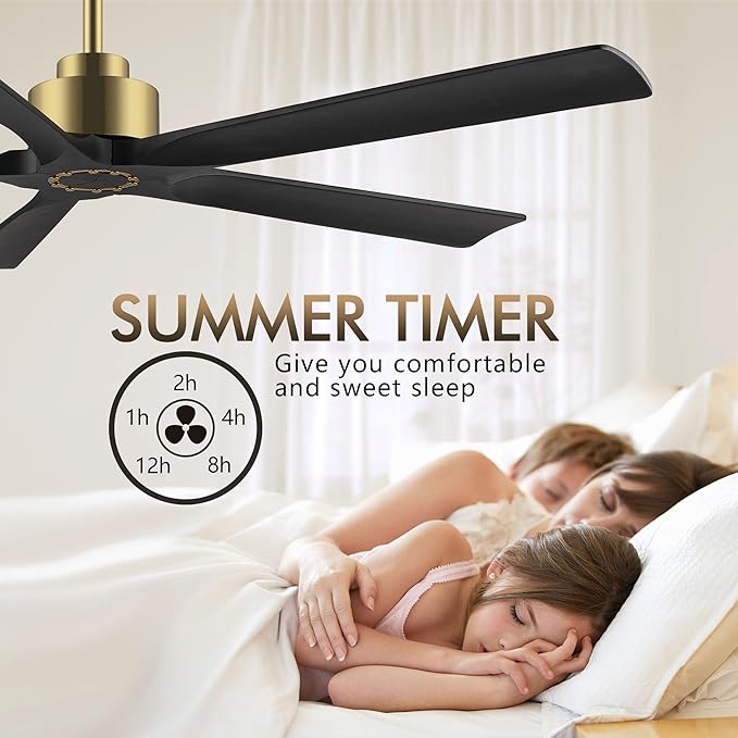 60 Inch Modern Ceiling Fan without Light, 5 Solid Wood Blades 6-Speed Noiseless Reversible DC Motor, Ceiling Fan with Remote Control for Bedroom Living Room, Gold Finish with Black Blades