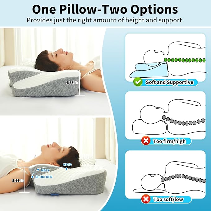 Cervical Neck Pillow for Pain Relief, Contour Memory Foam Pillows for Sleeping, Ergonomic Neck Support Pillow for Shoulder, Suitable for Side Back Stomach Sleepers with Cooling Pillowcase