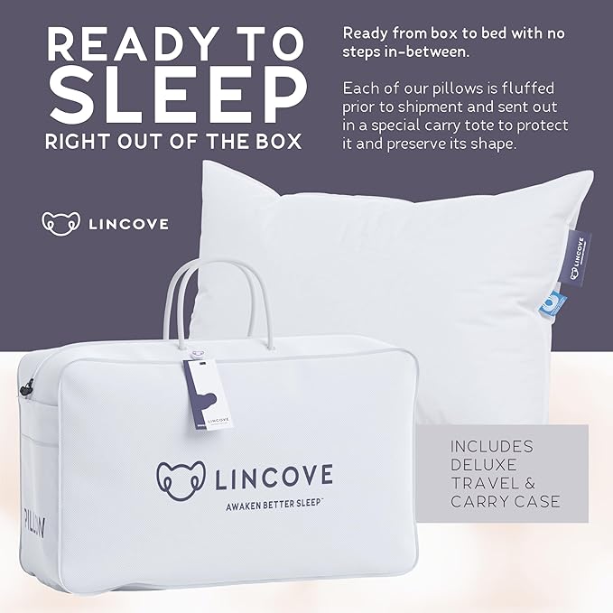 Lincove Signature 100% Natural Canadian White Down Luxury Sleeping Pillow - 800 Fill Power, 500 Thread Count Cotton Shell, Made in Canada, Standard - Firm, 1 Pack