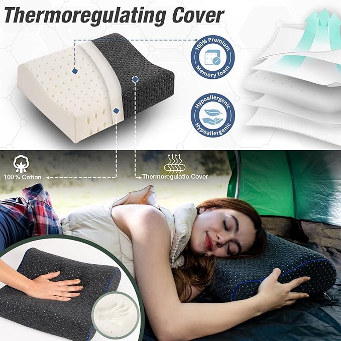 Travel & Camping Comfortable Memory Foam Pillow – Easy to Carry Portable Bag – Temperature Regulating Pillow Case - Perfect for Travelling, Grey Contour
