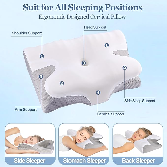 Cervical Neck Pillow for Sleeping - Memory Foam Cervical Pillow for Neck and Shoulder Pain Relief, Ergonomic Neck Support Pillow for Sleeping, Neck Pain Pillow for Side Back Stomach Sleeper