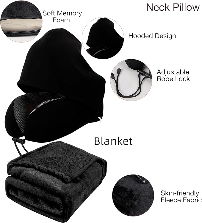 Travel Blanket Pillow Set - Travel Neck Pillow & Blanket for Airplane, Thick Fleece Traval Blanket, Hooded Memory Foam Neck Pillow, Foldable Duffel Bag, Sleep Mask, Earplugs for Plane Travel, Black