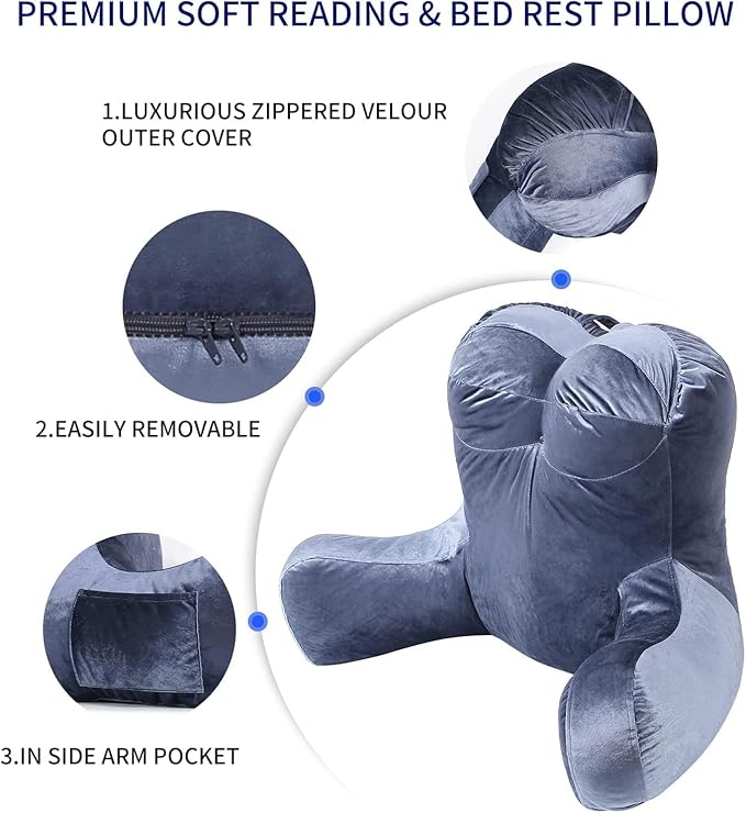 Reading Pillow Adults 31’’, Backrest Pillow with Arms for Sitting in Bed Couch Shredded Memory Foam, Back Pillow with Leg Pillow and Pockets for Reading/Gaming/Relaxing