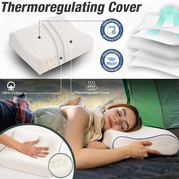 Travel & Camping Comfortable Memory Foam Pillow – Easy to Carry Portable Bag – Temperature Regulating Pillow Case - Perfect for Travelling (White Contour)