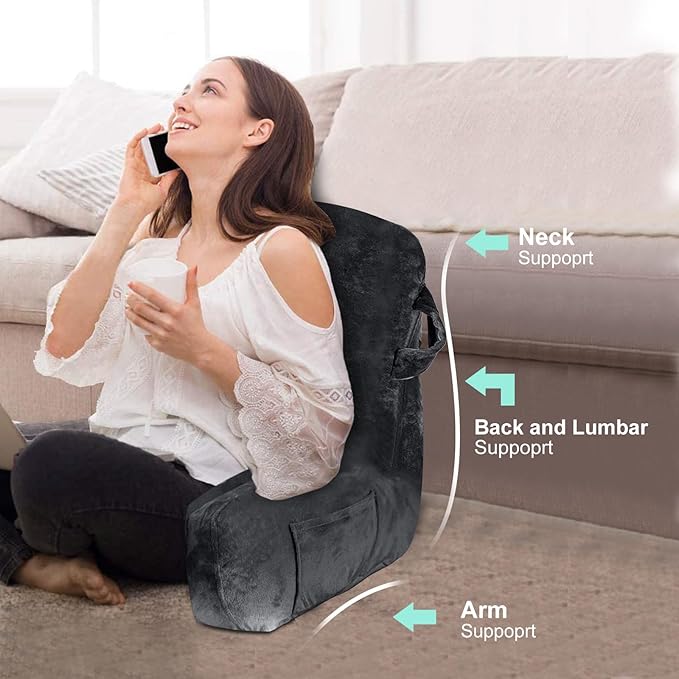 SLIGUY Reading Pillow Standard Bed Pillow for Sitting in Bed Couch or Floor-Backrest with Arms Support and Pockets, Adult Back Pillow Bed Chair for Bed Rest, Watching TV, Gaming, Dark Grey