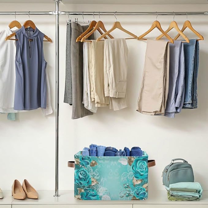 Wamika Turquoise Blue Green Rose Storage Basket Fabric Laundry Baskets Spring Flowers Leaves Storage Boxes Organizer Bag for Baby Cloth Dog Toy Book Storage Cubes Shelf Closet Bins 16x12x8 Inches