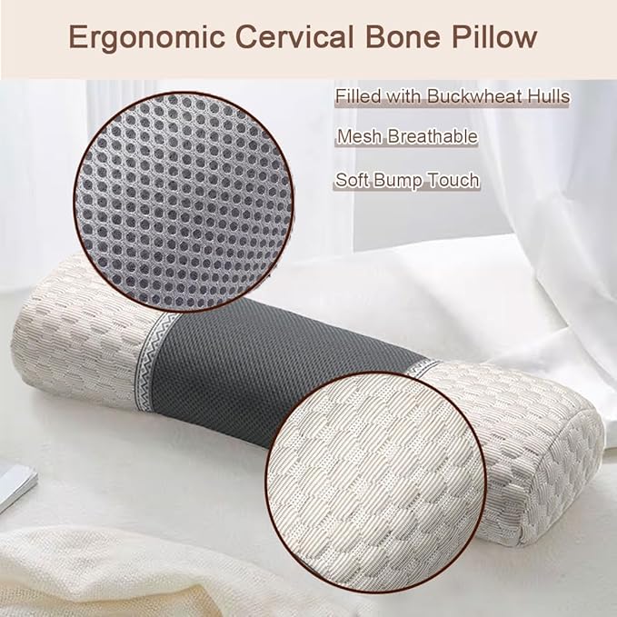 Buckwheat Pillow for Sleeping, Bolster Neck Support Pillow, Adjustable Firm Cervical Cylinder Roll Pillow for Shoulder Pain Relaxation, Khaki 5"x20"