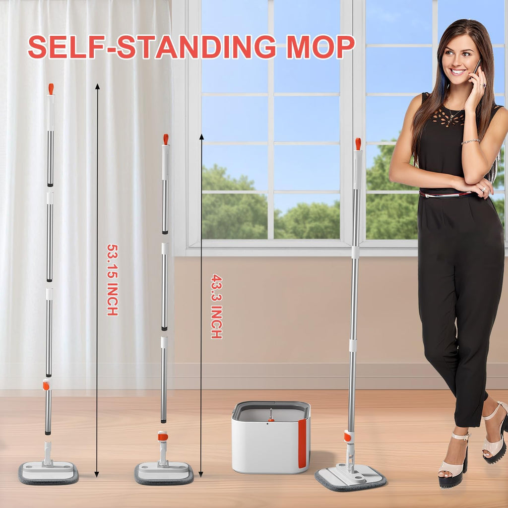 Mop and Bucket Set, Spin Mop with Self Seperates Dirty Water System, Square Mops for Floor Cleaning, 360 Rotating Foldable Standing Mop Head, Versatile Mops for Walls (Mop Bucket with 6 Pads)