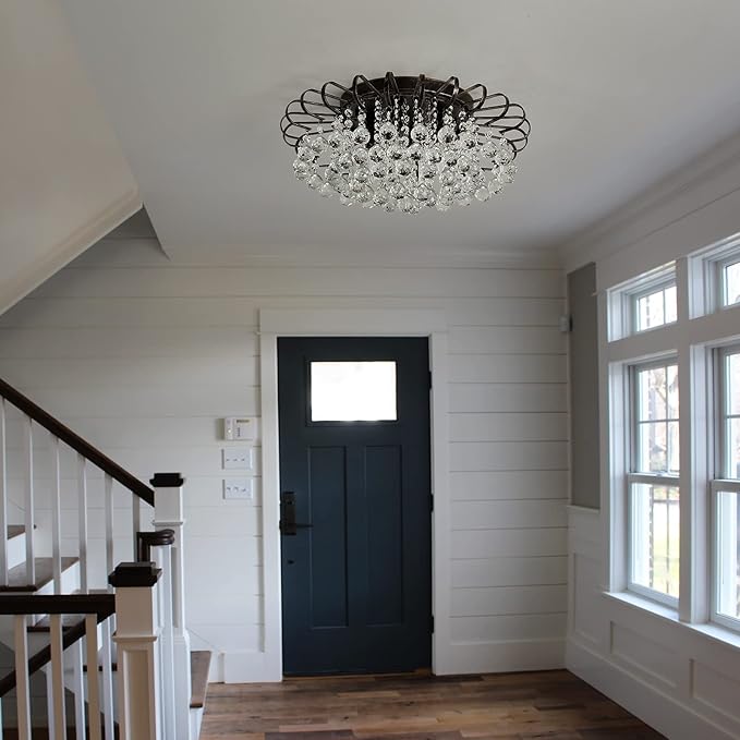 CVKASH 4-Light Crystal Floral Chandelier Modern Bronze Flush Mount Raindrop Crystal Ceiling Lighting Fixture Farmhouse Chandelier for Bathroom Living Room Bedroom Dining Room Entryway