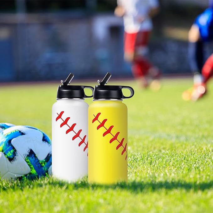 40oz Wide Mouth Softball Water Bottle with Two Lids(Straw, Handle Lid), 18/8 Stainless Steel Vacuum Insulated for Travel & Sport Cup. (Softball Yellow, 40oz)