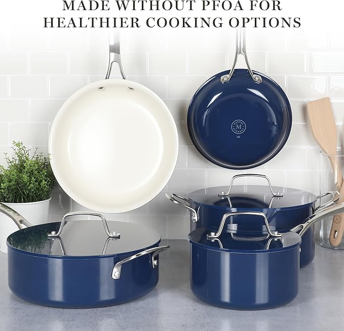 Martha Stewart Galway Premium Nonstick PFA Free Ceramic Interior 10 Piece Heavy Gauge Enamel Aluminum Pots and Pans Cookware Set W/Aluminum Lids - Navy Blue