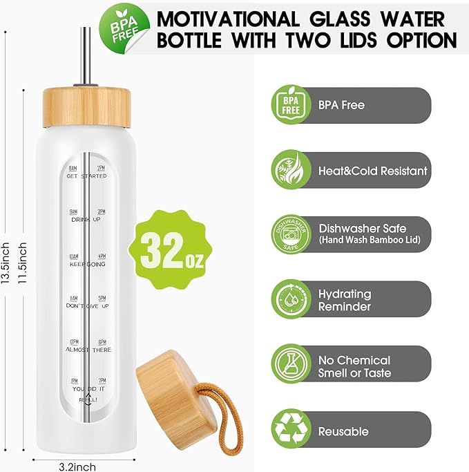 32 oz Glass Water Bottles with Straw - Motivational Glass Water Bottle with Time Marker & Silicone Sleeve - Reusable Glass Tumbler Includes 2 Bamboo Lids & Fruit Infuser - 1 Pack