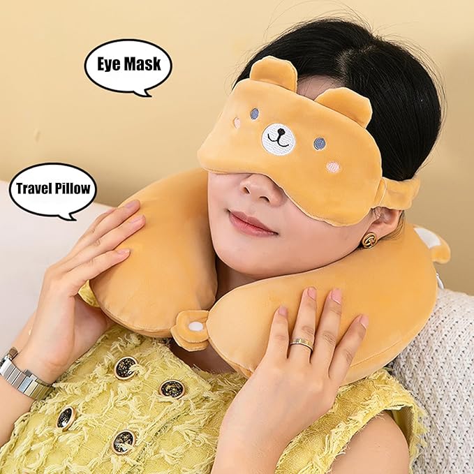 Kids Neck Pillow for Travel with Sleep Eye Mask, Cute Travel Neck Pillow, Memory Foam Flight Sleeping Headrest Pillow for Boys & Girls, Airplane, Train, Car, Home Use - Peach Bear