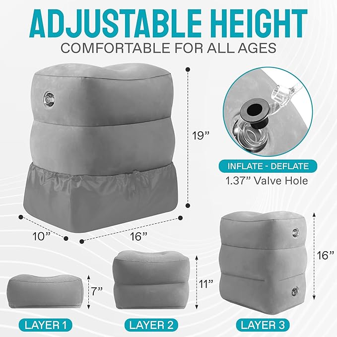 VUUDL Inflatable Airplane Foot Rest, Travel Foot Rest Pillow, Adjustable 3 Layers Height Leg Rest Pillow for Kids & Adults, Suitable for Office, Home and Any Travel, Eye Mask, Ear Plug Included, Grey