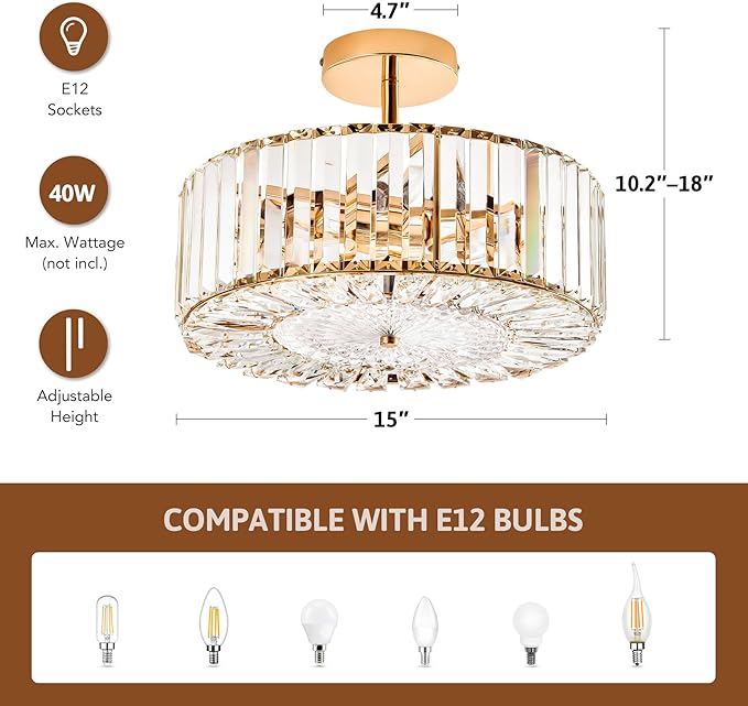 VONLUCE Crystal Light Fixture, Modern Semi Flush Mount Ceiling Light, 15" Round 4-Light Crystal Chandelier Hallway Lighting for Kitchen Bedroom Living Room Dining Room Entryway Closet, Gold