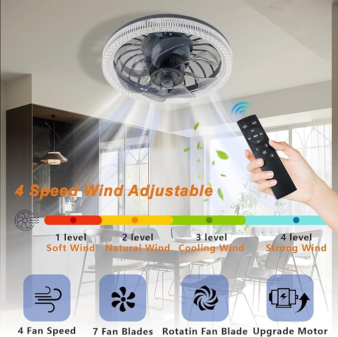 Light Socket Fan with Remote,12.2''Socket Modern Flush Mount Low Profile Ceiling Fan,Screw in Socket Fan Light with Dimmable Brightness and Color Temp,for Bedroom,Small Living Room Kitchen
