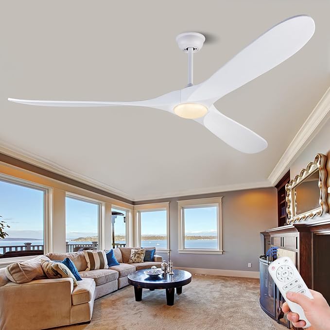 BOJUE Ceiling Fans with Lights 72 inch Indoor Outdoor Ceiling Fan,Wood Ceiling Fan with Remote Control & 3 Wood Blade for Patio Living Room Bedroom (White Blades)