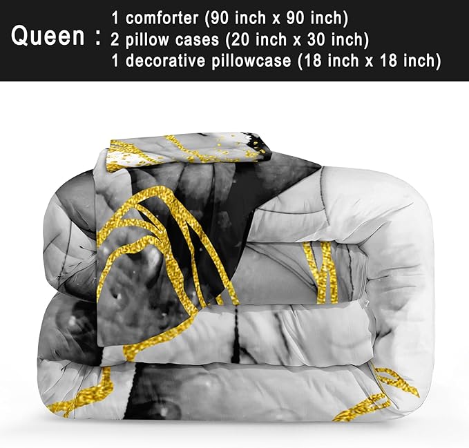 Bedbay Marble Comforter Set Queen Size Watercolor Bedding Black and Gold Bedding Duvet Set Abstract Marble Texture 4 Pieces Soft Microfiber Lightweight Down Alternative Comforter(Ink,Queen)