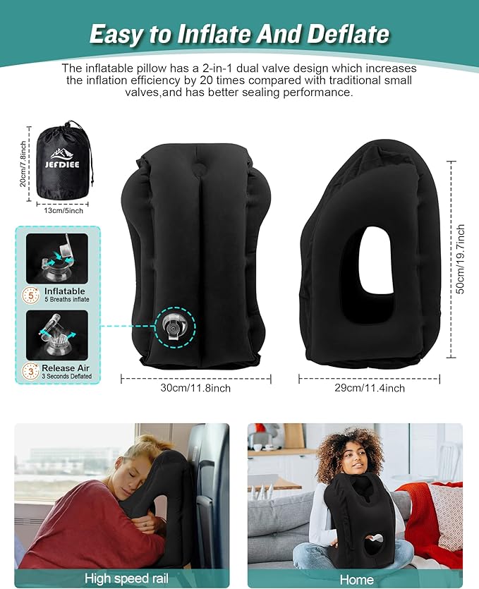 JefDiee Inflatable Travel Pillow, Airplane Neck Pillow Comfortably Supports Head and Chin for Airplanes, Trains, Cars Office Napping on The Tray Table (Black)