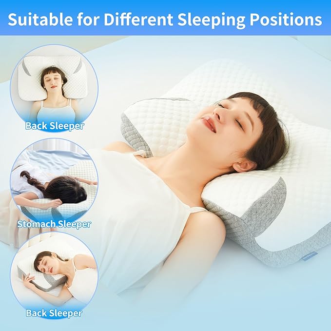 Cervical Neck Pillow for Pain Relief, Contour Memory Foam Pillows for Sleeping, Ergonomic Neck Support Pillow for Shoulder, Suitable for Side Back Stomach Sleepers with Cooling Pillowcase