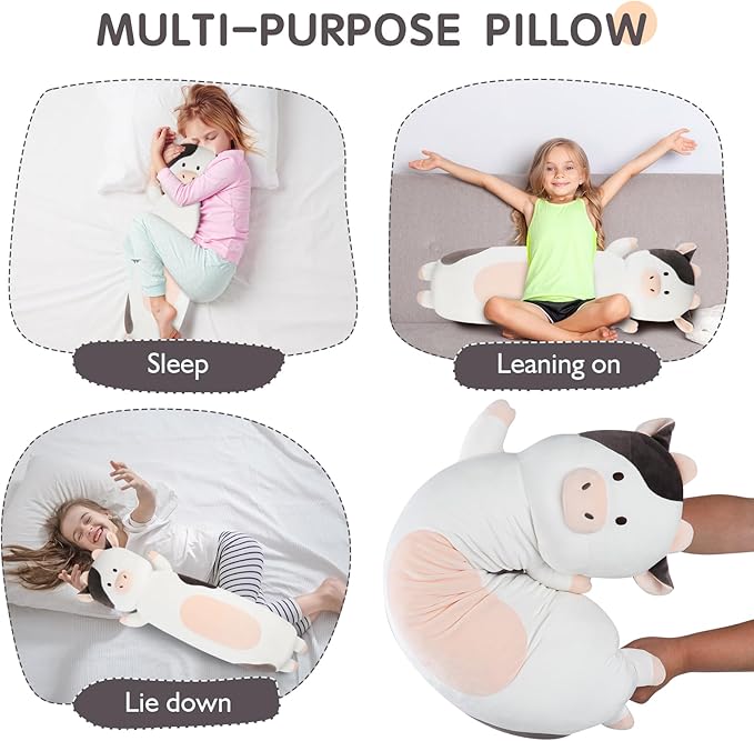 36 inch Milk Cow Stuffed Animal, Soft Long Cuddle Squishy Pillow, Cute Cow Print Body Pillow Plushies Toy Gift for Kids, Boys Birthday,Valentine,Easter