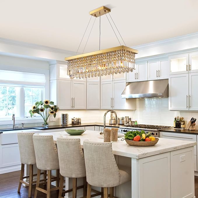 Siljoy 6-Light Modern Crystal Chandelier Rectangular Gold K9 Crystal Raindrop Chandelier for Dining Room, Luxury Adjustable Ceiling Pendant Light for Living Room Kitchen Island L31.5'' x W10'' x H10''