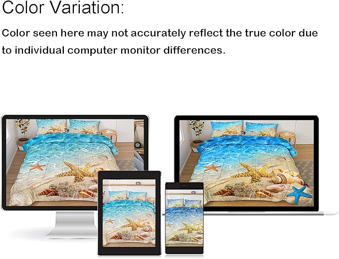 Bedbay Beach Theme Comforter Set King Size Coastal Bedding Set 4 Pcs Starfish Shell Conch Sea Life Printed Ocean Comforter Set King Bedding Set Beach Themed Room Decor (Aqua,King)