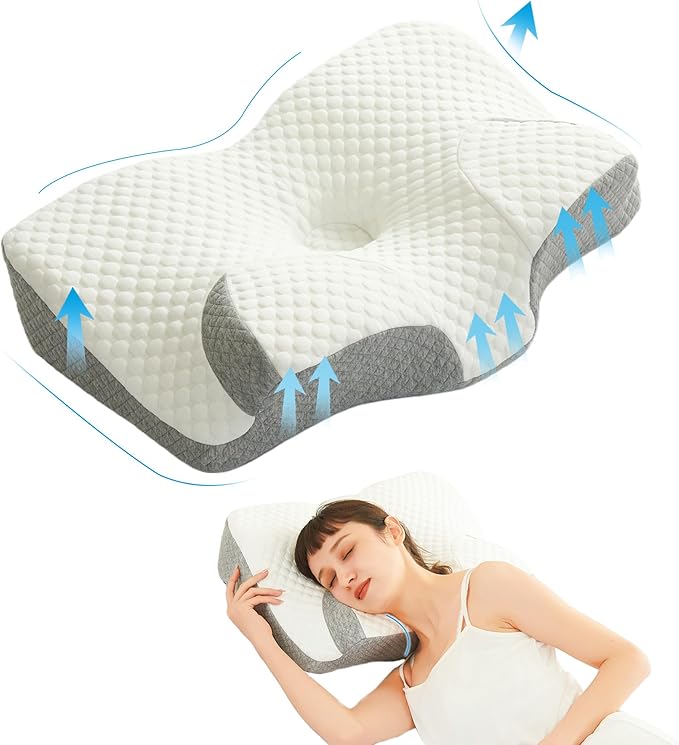 Cervical Neck Pillow for Pain Relief, Contour Memory Foam Pillows for Sleeping, Ergonomic Neck Support Pillow for Shoulder, Suitable for Side Back Stomach Sleepers with Cooling Pillowcase