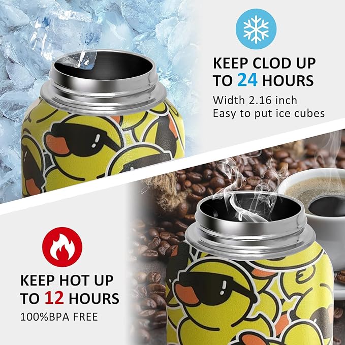 32 oz Duck Water Bottle Insulated Vacuum Stainless Steel Sports Water Bottle with 2 Lids (Straw and Spout Lid) for Gym Camping Hiking