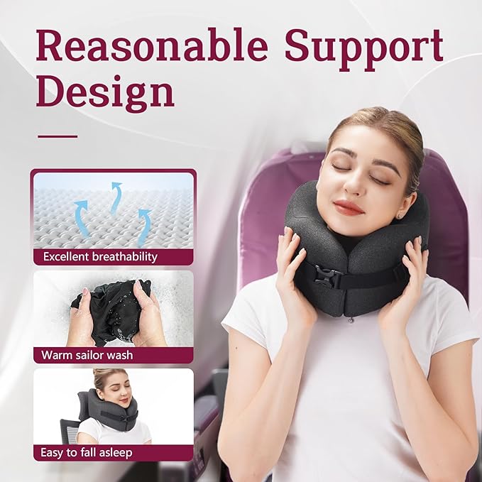Travel Pillow Vac Compressed Memory Foam Neck Pillow Airplane,Soft and compatible,Neck Support,Washable,Airplanes Travel Essentials Accessories for Office,Flight,Cars Breaks Sleeping(Black)