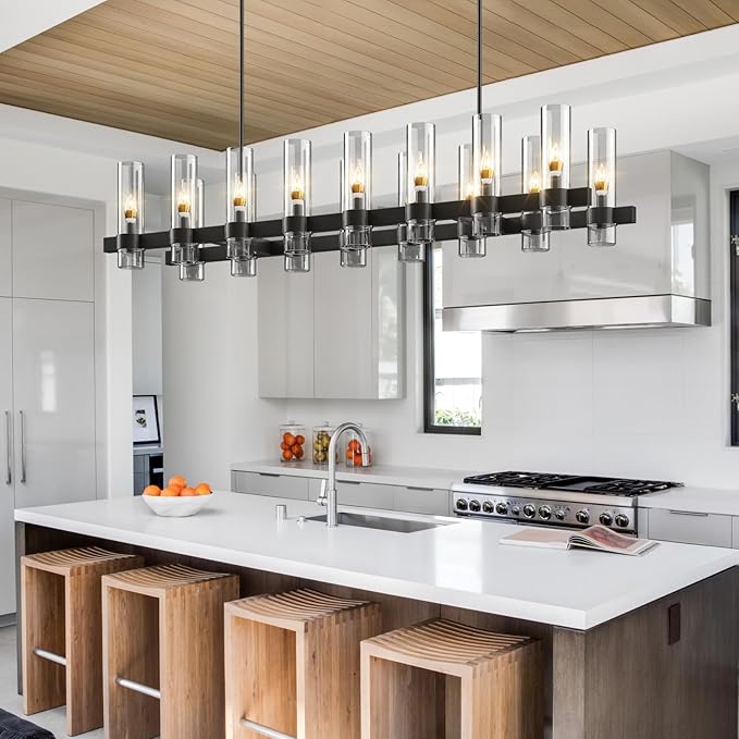 Black Kitchen Island Lighting- 16-Light Linear Chandelier, Adjustable 54'' Modern Farmhouse Rectangle Pendant Light Fixtures, Dining Room, Bedroom